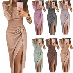 Shinning Women's Sexy Formal Pullover Slim Fit One Word Collar High Waist Spring Autumn Dress