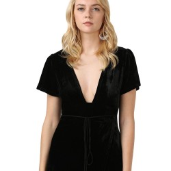 Brief Short Sleeve Plunge Neck High-low Hem Women Dress