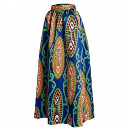 New Women Skirt African Print Ankara Dashiki Bohemian High Waist Pleated A-Line Maxi Flare Skirt