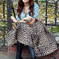 High Waist Zippered Leopard A-Line Ball Gown Skirt for Women