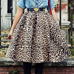 High Waist Zippered Leopard A-Line Ball Gown Skirt for Women