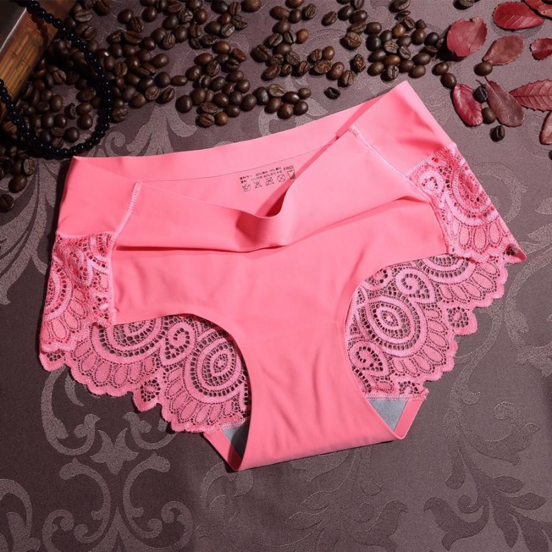 M L Xl Size Solid Color Ice Silk One Piece Seamless Lace Edge Sexy Mid Waist Female Underpants