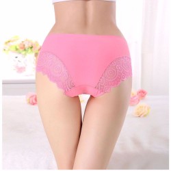 M/L/XL Size Solid Color Ice Silk One-Piece Seamless Lace Edge Sexy Mid-Waist Female Underpants Briefs