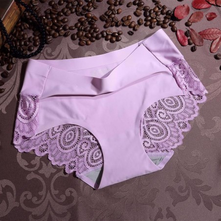 M/L/XL Size Solid Color Ice Silk One-Piece Seamless Lace Edge Sexy Mid-Waist Female Underpants Briefs