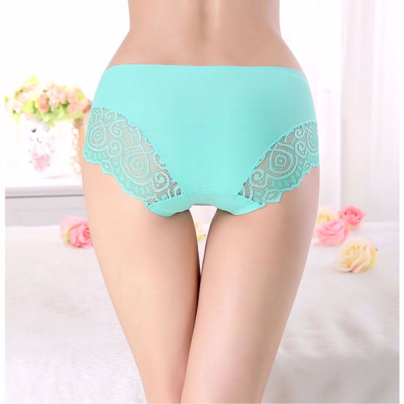 M L Xl Size Solid Color Ice Silk One Piece Seamless Lace Edge Sexy Mid Waist Female Underpants