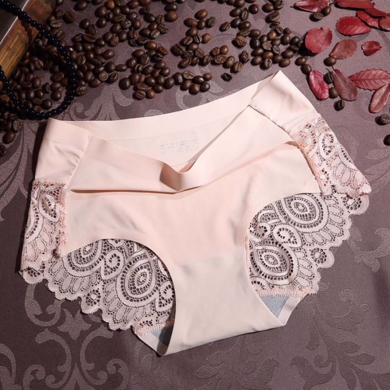 M L Xl Size Solid Color Ice Silk One Piece Seamless Lace Edge Sexy Mid Waist Female Underpants