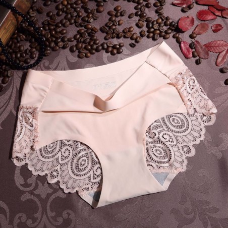 M/L/XL Size Solid Color Ice Silk One-Piece Seamless Lace Edge Sexy Mid-Waist Female Underpants Briefs