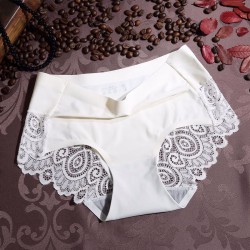 M/L/XL Size Solid Color Ice Silk One-Piece Seamless Lace Edge Sexy Mid-Waist Female Underpants Briefs