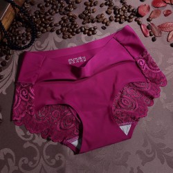 M/L/XL Size Solid Color Ice Silk One-Piece Seamless Lace Edge Sexy Mid-Waist Female Underpants Briefs