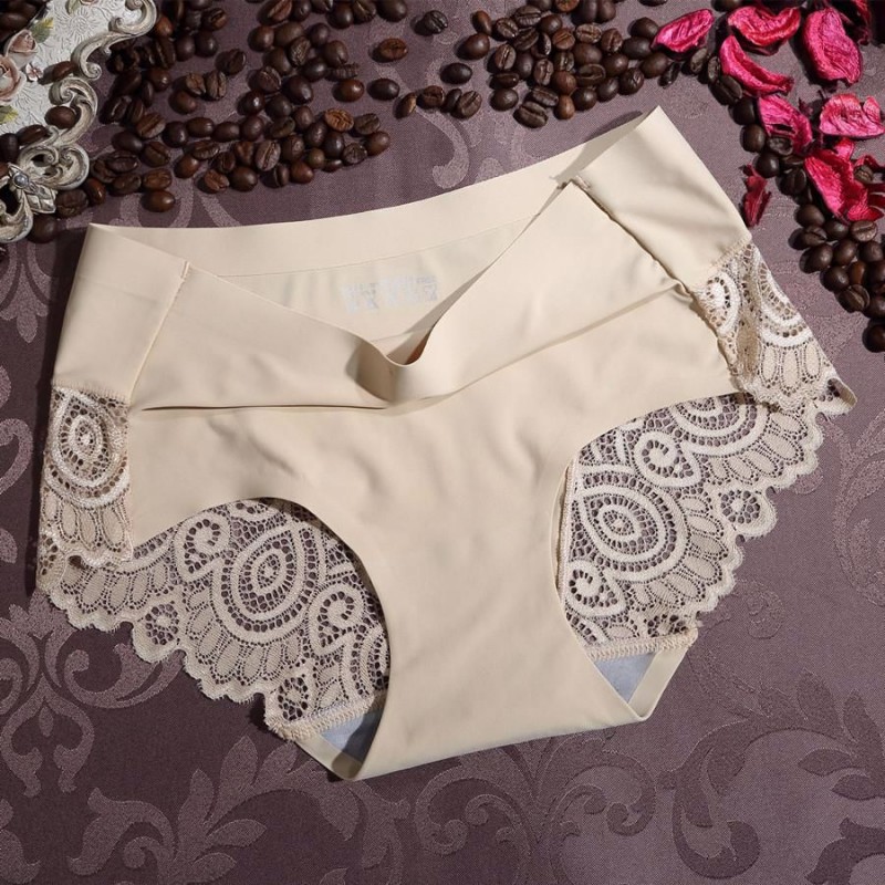 M/L/XL Size Solid Color Ice Silk One-Piece Seamless Lace Edge Sexy Mid-Waist Female Underpants Briefs