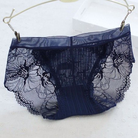 One-Size Solid Color Lace Net Yarn Low Waist Sexy Translucent Perspective Hollow Breathable Underpants for Women 