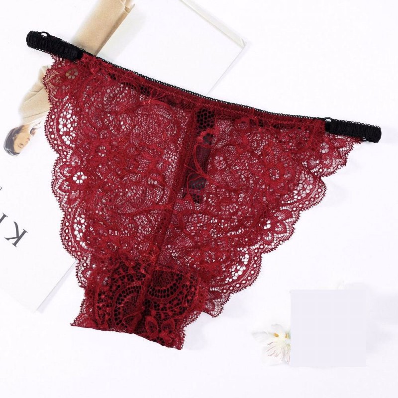 Solid Color Sexy Hollow Out Perspective Lace Low Waist Breathable Female Underpants Briefs 