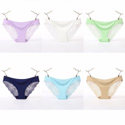 6pcs L Size Solid Color Low Waist Lace Edge Ice Silk Seamless Cotton Crotch Briefs Women Panties