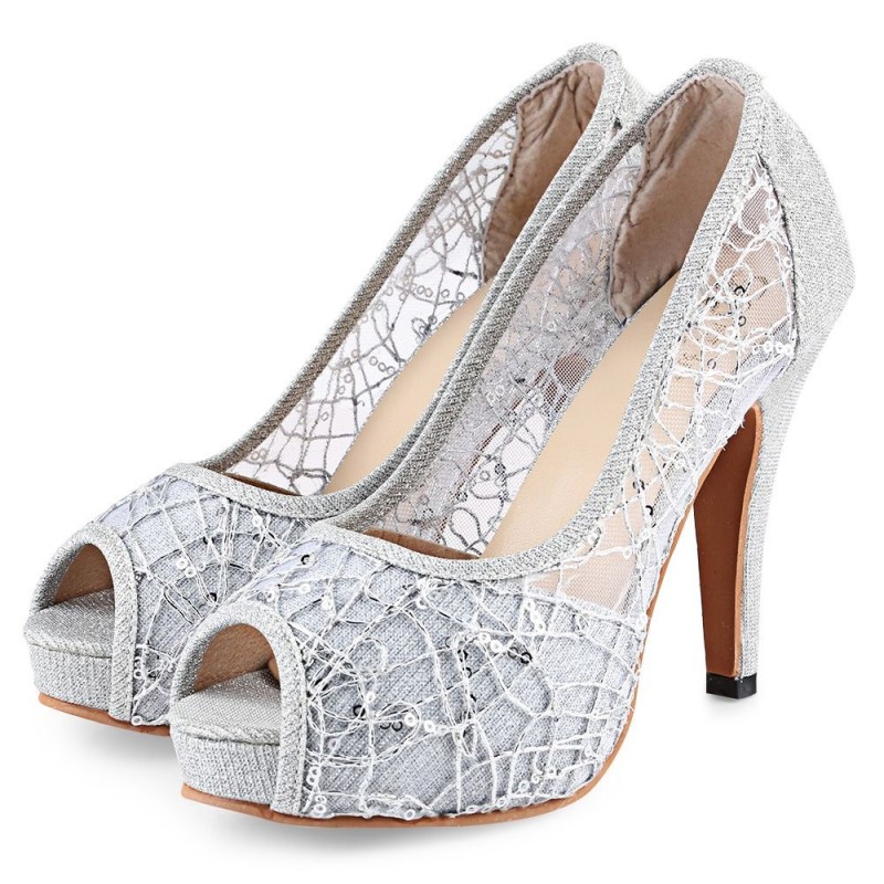 Sexy Open Toe Lace Decoration Hollow Out Ladies High Heel Shoes