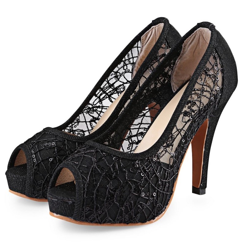 Sexy Open Toe Lace Decoration Hollow Out Ladies High Heel Shoes