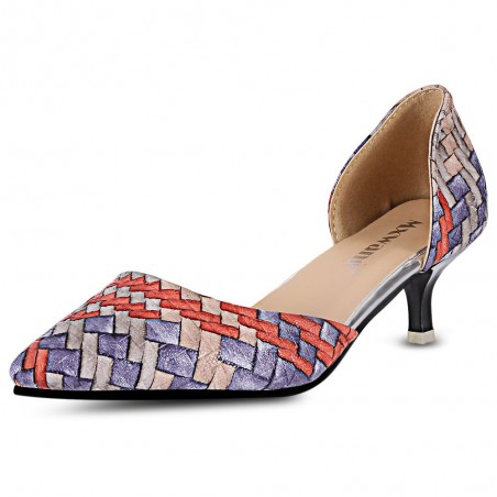 Weaving Pattern Printed Pointed Toe Ladies Low Heel Shoes