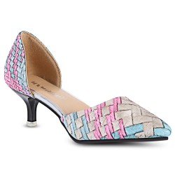 Weaving Pattern Printed Pointed Toe Ladies Low Heel Shoes